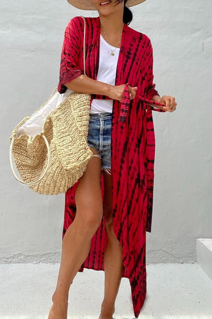 Tie Dye Print Open Front Long Kimono - Red - 2