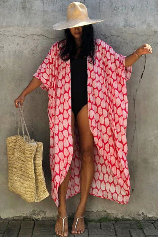 Tie Dye Print Open Front Long Kimono - Red-leave