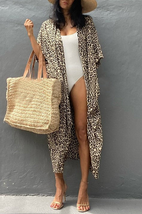 Tie Dye Print Open Front Long Kimono - Yw-Leopard