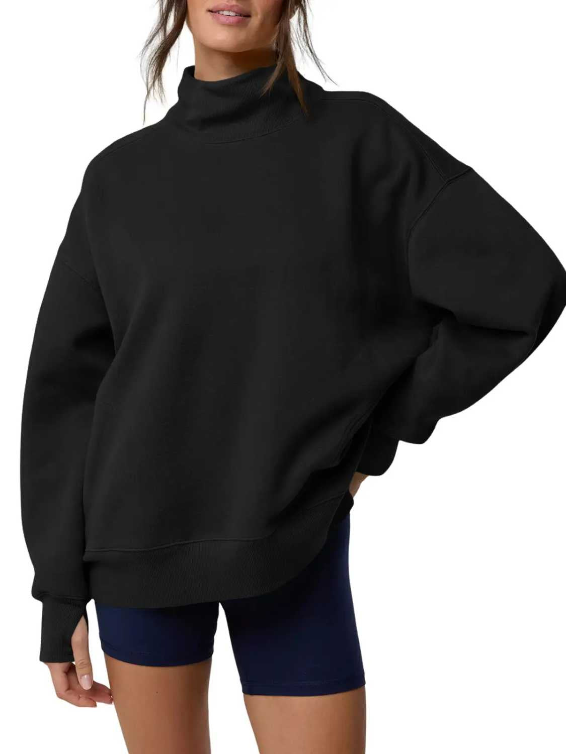 Relaxed Mock Neck Drop Shoulder Sweatshirt - Black