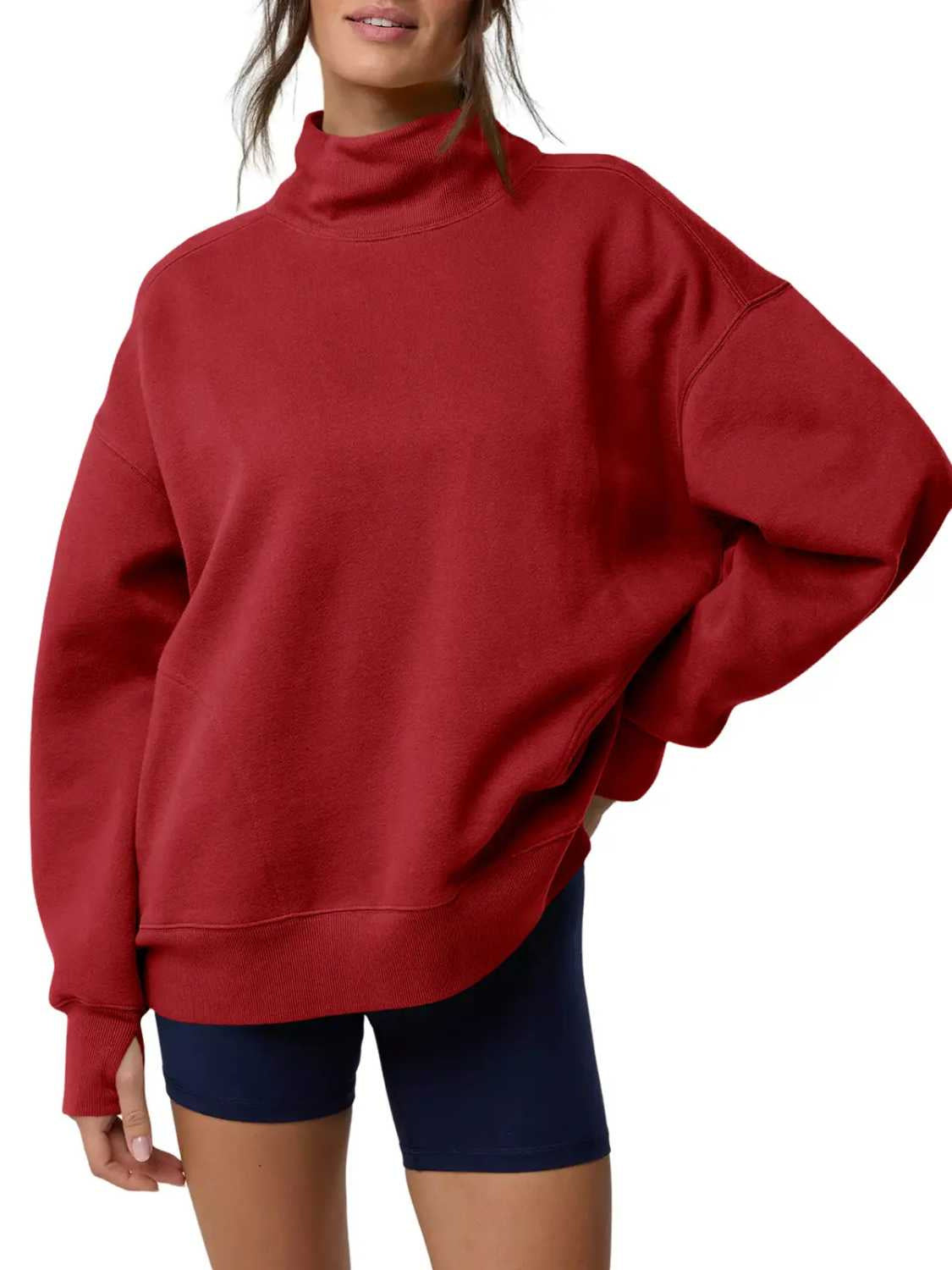 Relaxed Mock Neck Drop Shoulder Sweatshirt - Burgundy