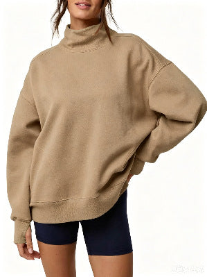Relaxed Mock Neck Drop Shoulder Sweatshirt - Khaki