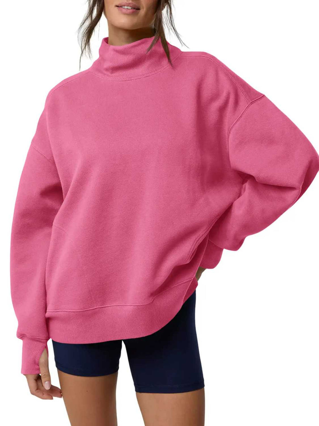 Relaxed Mock Neck Drop Shoulder Sweatshirt - Pink