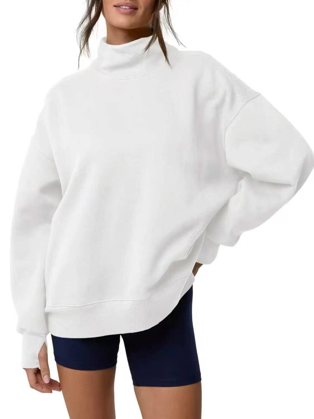Relaxed Mock Neck Drop Shoulder Sweatshirt - White