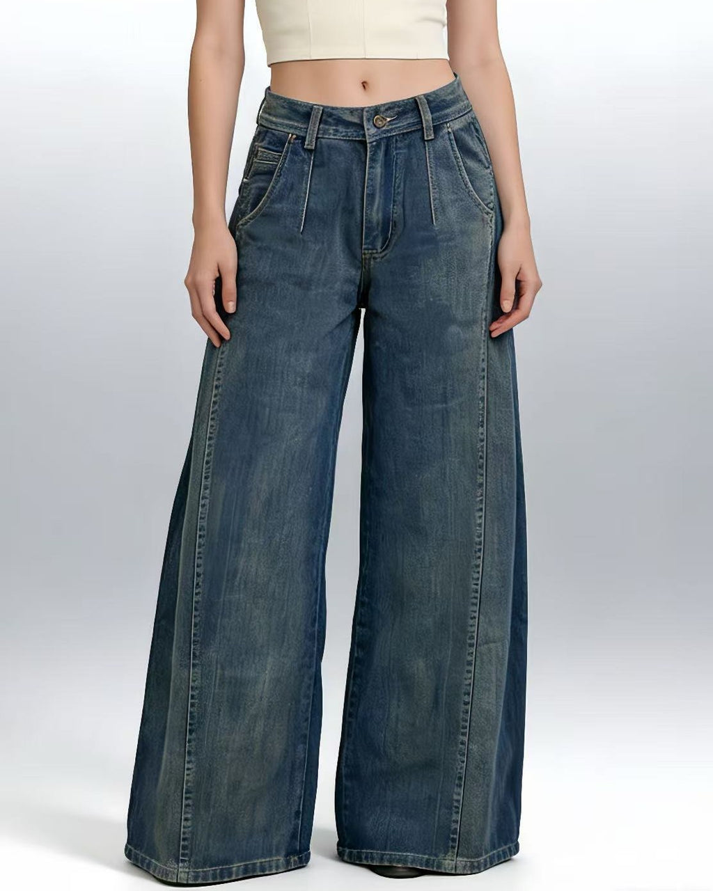 Pleated Baggy Denim Jeans Vintage Wash - Blue