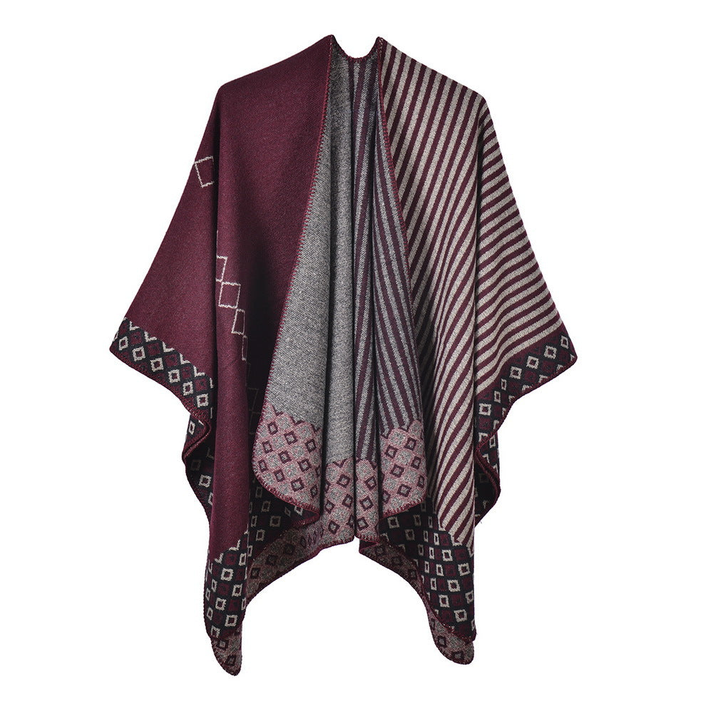Contrast Stripe Bordered Reversible Ruana Wrap - Burgundy