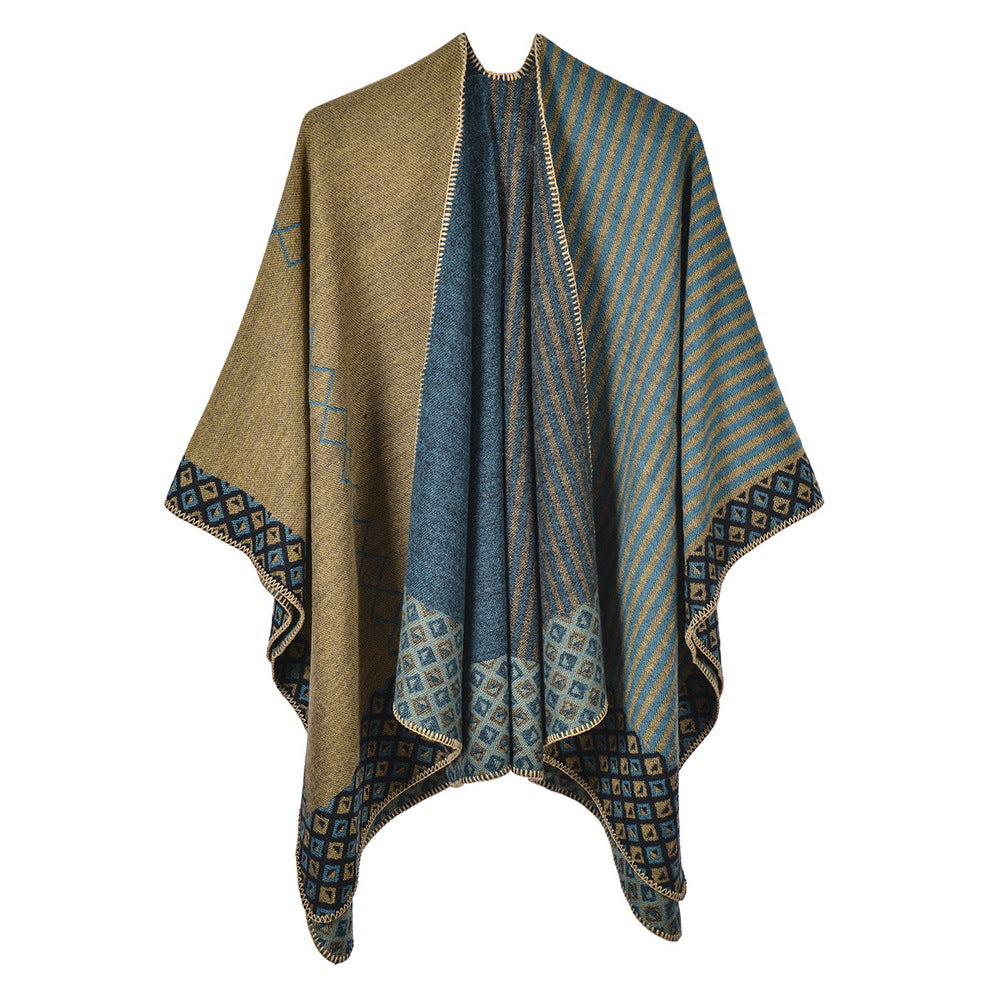 Contrast Stripe Bordered Reversible Ruana Wrap - yellow