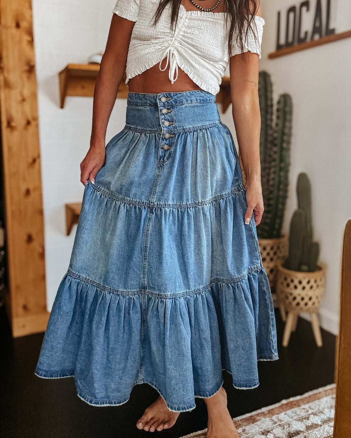 Tiered Button Front Denim Maxi Skirt - Blue