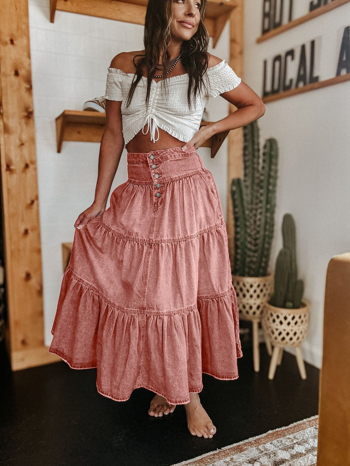Tiered Button Front Denim Maxi Skirt - Pink