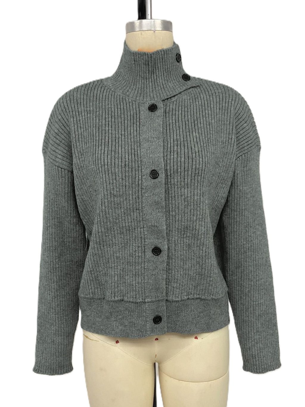 Dark Grey Ribbed Knit Funnel Neck Button Front Sweater - Dark_Grey - 1