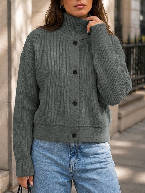 Dark Grey Ribbed Knit Funnel Neck Button Front Sweater - Dark_Grey - 3