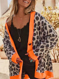 Leopard Print V-Neck Cardigan With Neon Trim - Orange