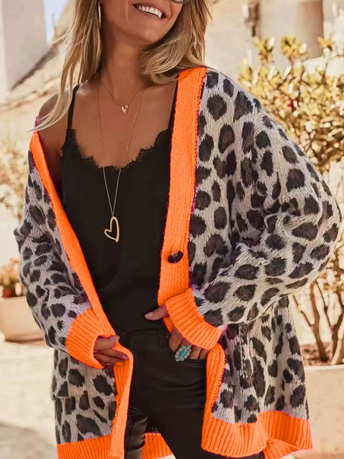 Leopard Print V-Neck Cardigan With Neon Trim - Orange