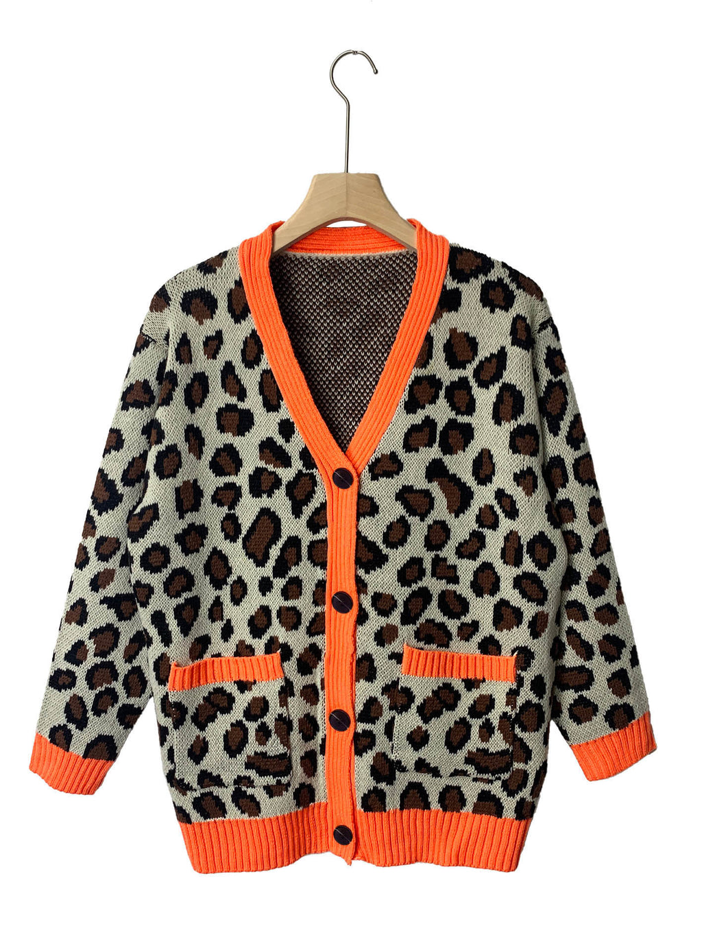 Leopard Print V-Neck Cardigan With Neon Trim - Orange - 1