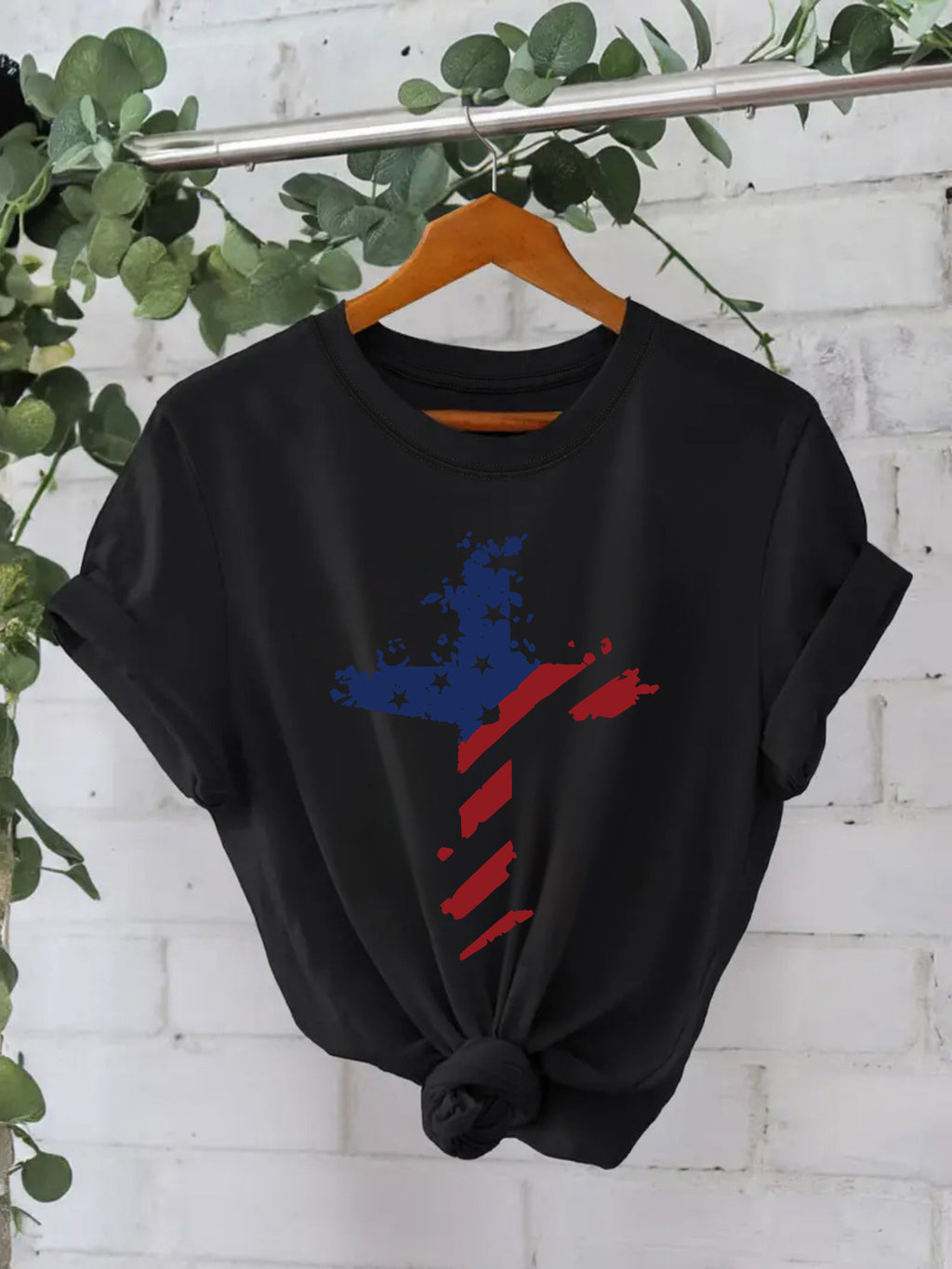 Patriotic Flag Cross Graphic Tee - Black