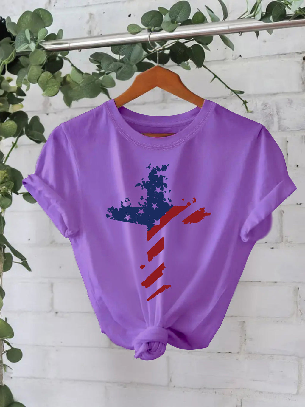 Patriotic Flag Cross Graphic Tee - Purple