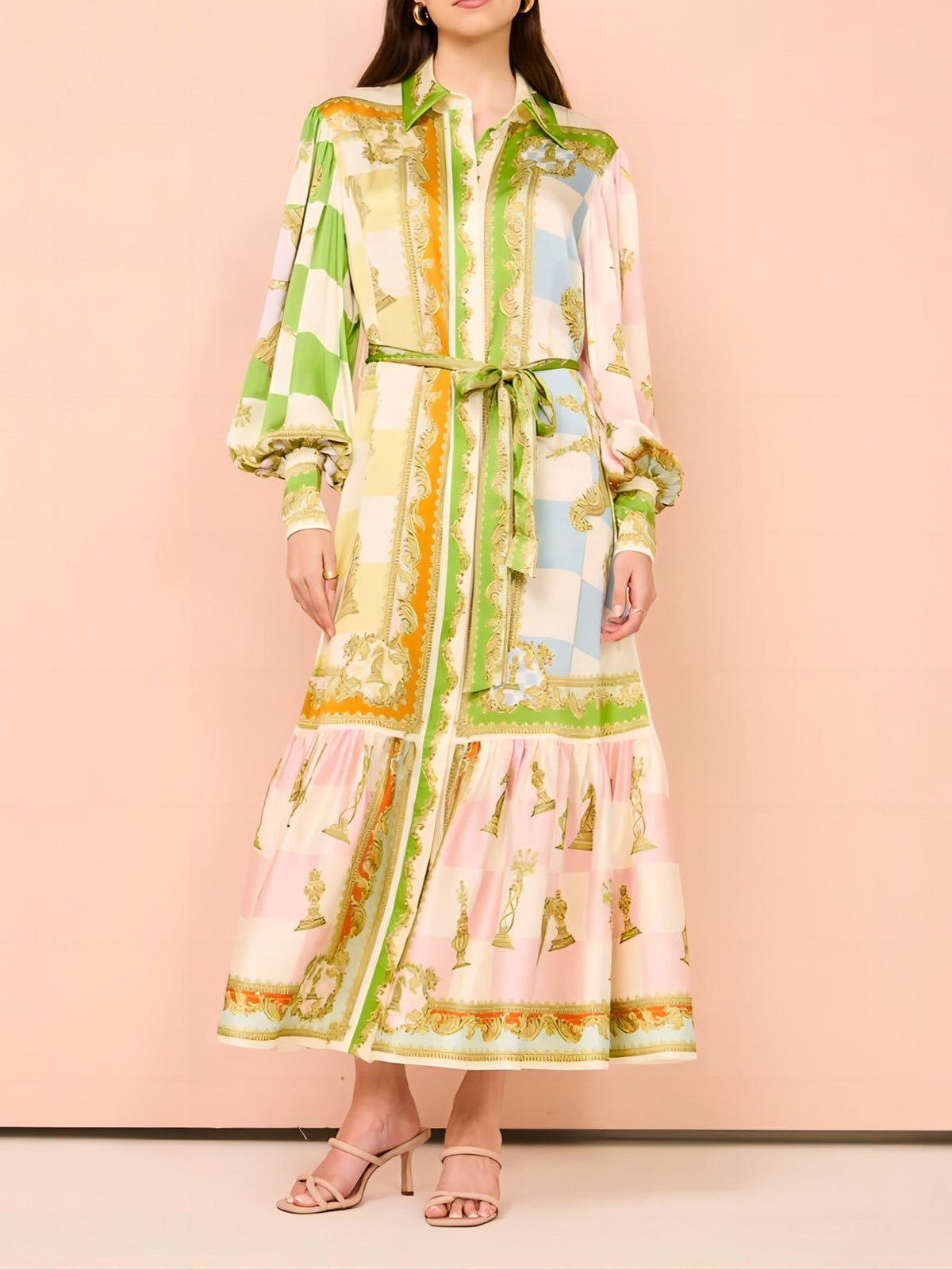 Lantern Sleeve Tiered Print Midi Dress - Decor