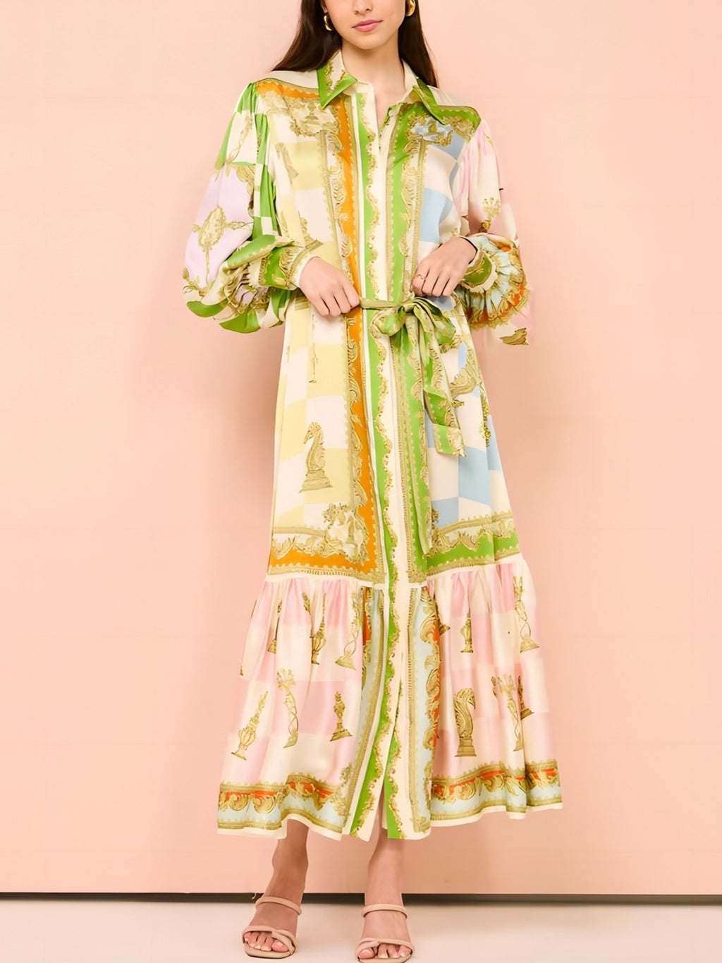 Lantern Sleeve Tiered Print Midi Dress - Decor - 1