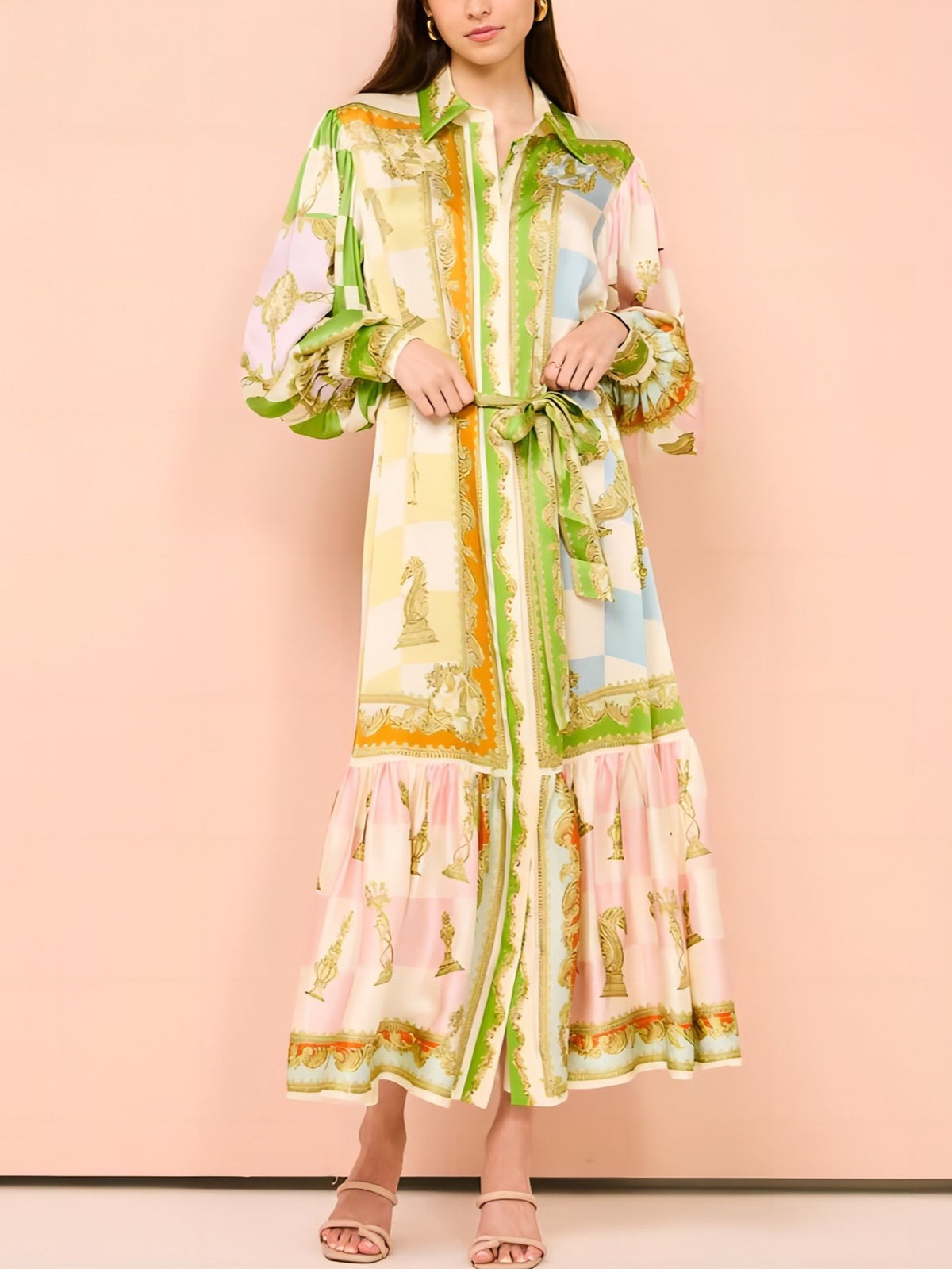 Lantern Sleeve Tiered Print Midi Dress - Decor - 1
