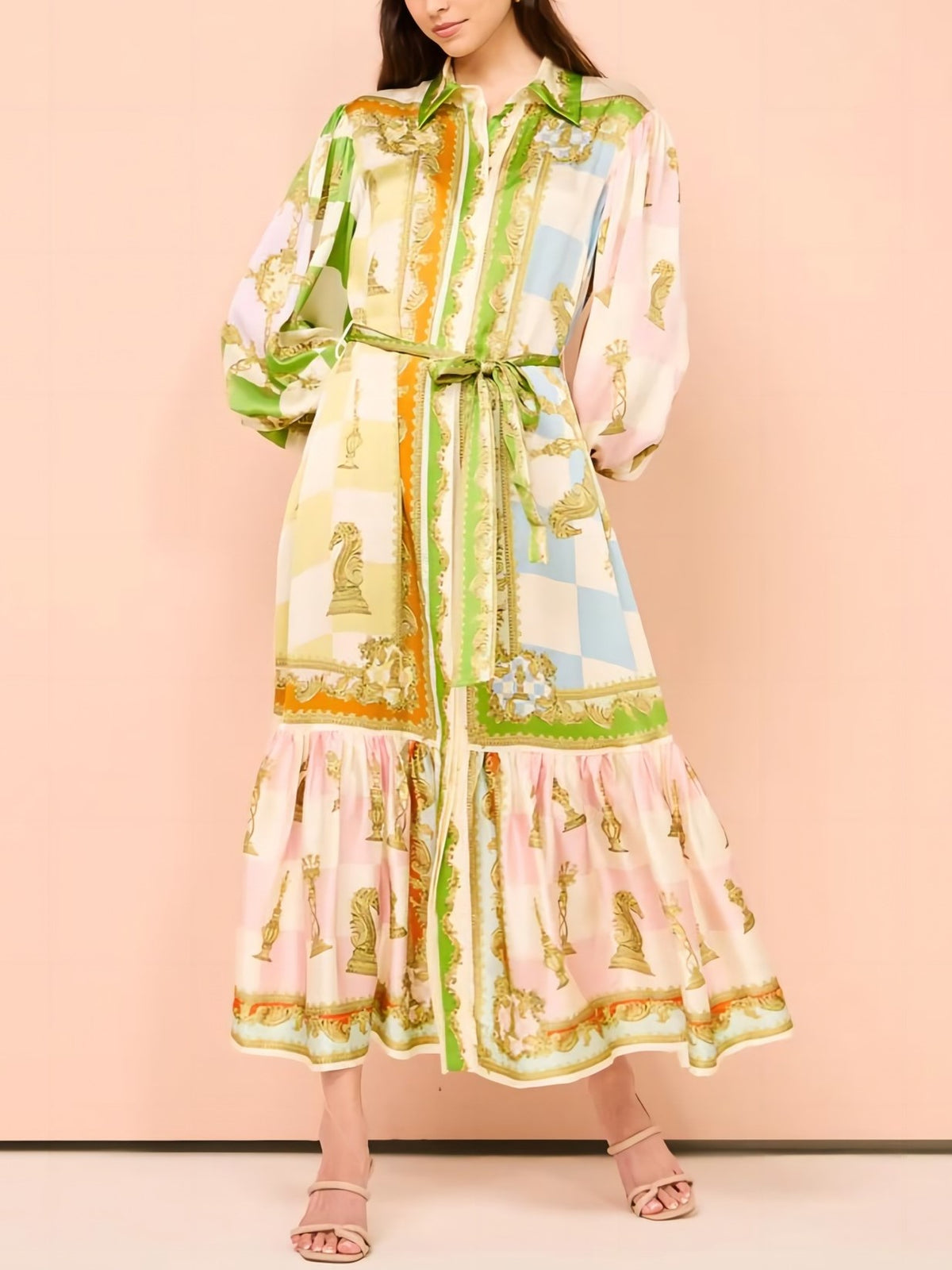 Lantern Sleeve Tiered Print Midi Dress - Decor - 2