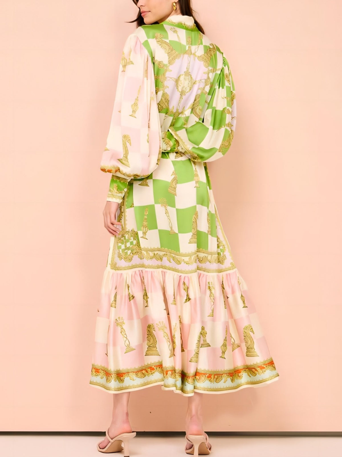 Lantern Sleeve Tiered Print Midi Dress - Decor - 3
