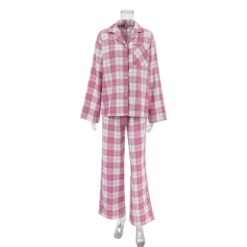 Plaid Flannel Shirt and Wide Leg Pants Set - Pink