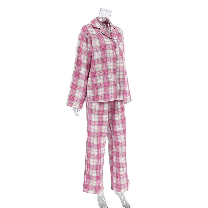 Plaid Flannel Shirt and Wide Leg Pants Set - Pink - 1