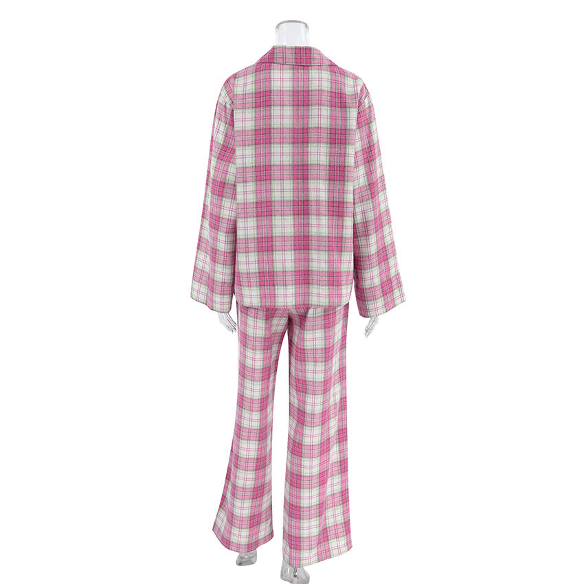 Plaid Flannel Shirt and Wide Leg Pants Set - Pink - 2