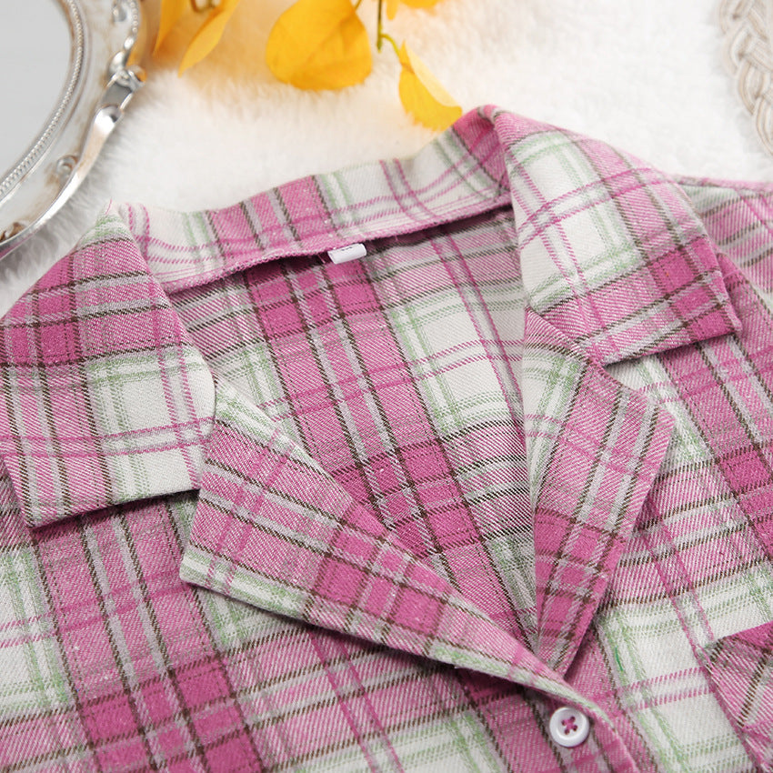 Plaid Flannel Shirt and Wide Leg Pants Set - Pink - 3