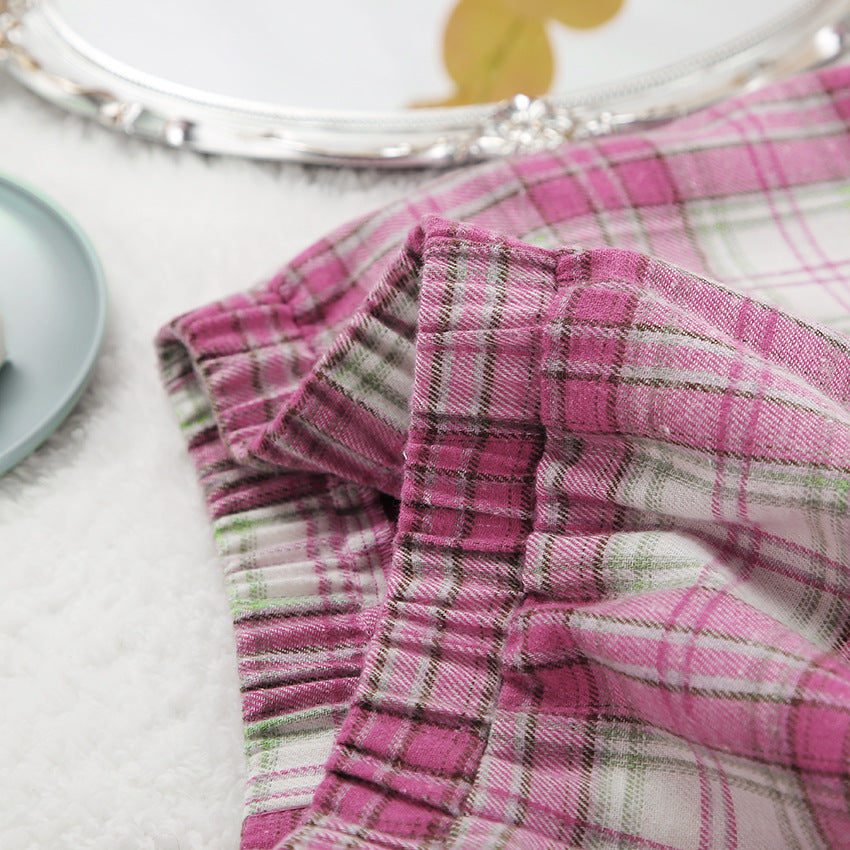 Plaid Flannel Shirt and Wide Leg Pants Set - Pink - 4