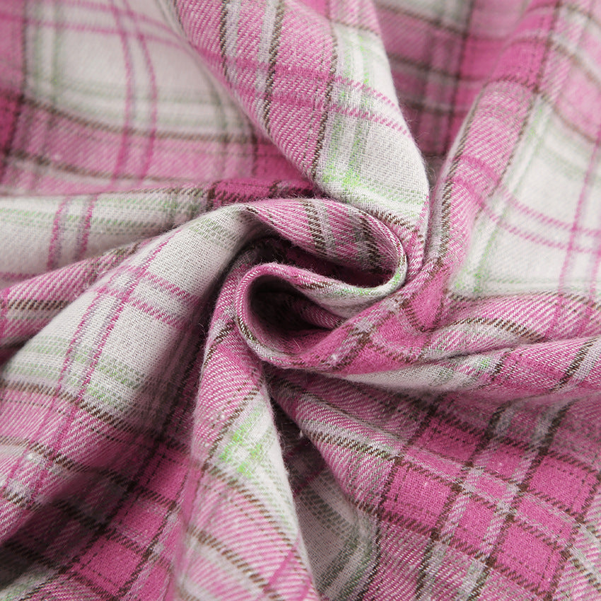 Plaid Flannel Shirt and Wide Leg Pants Set - Pink - 5