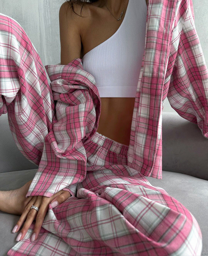 Plaid Flannel Shirt and Wide Leg Pants Set - Pink - 7