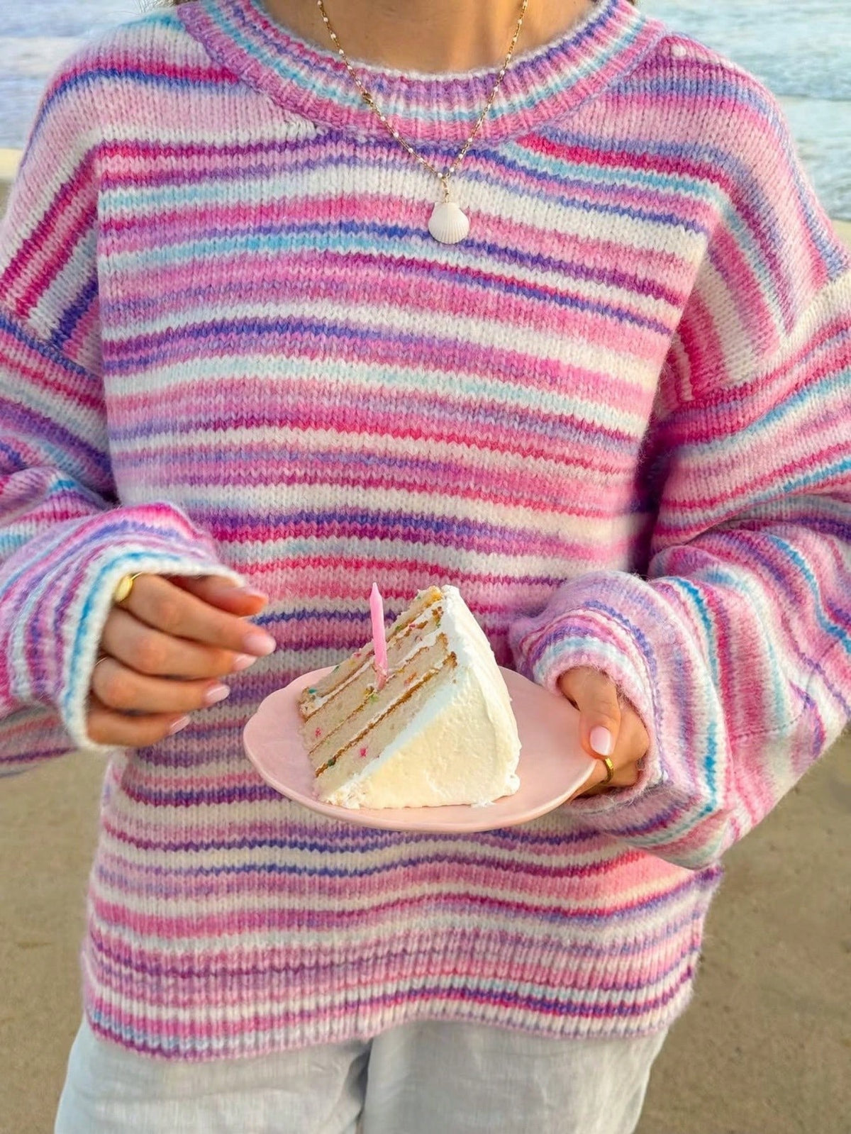 Pink Space-Dye Stripe Oversized Drop Shoulder Sweater - Striped
