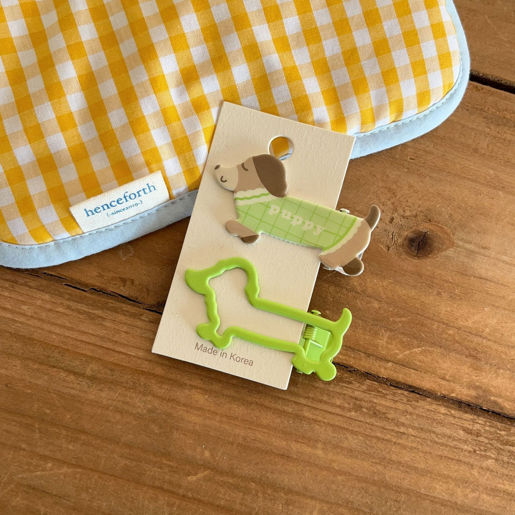 Dachshund Puppy Hair Barrette Pair For Bangs - Green
