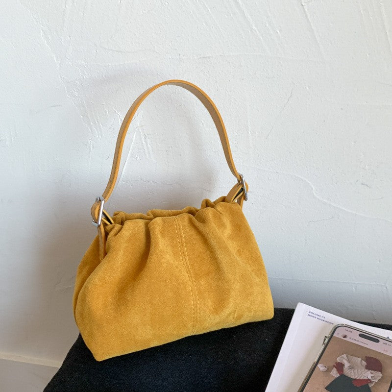 Ruched Faux Suede Mini Top Handle Bag - Mustard
