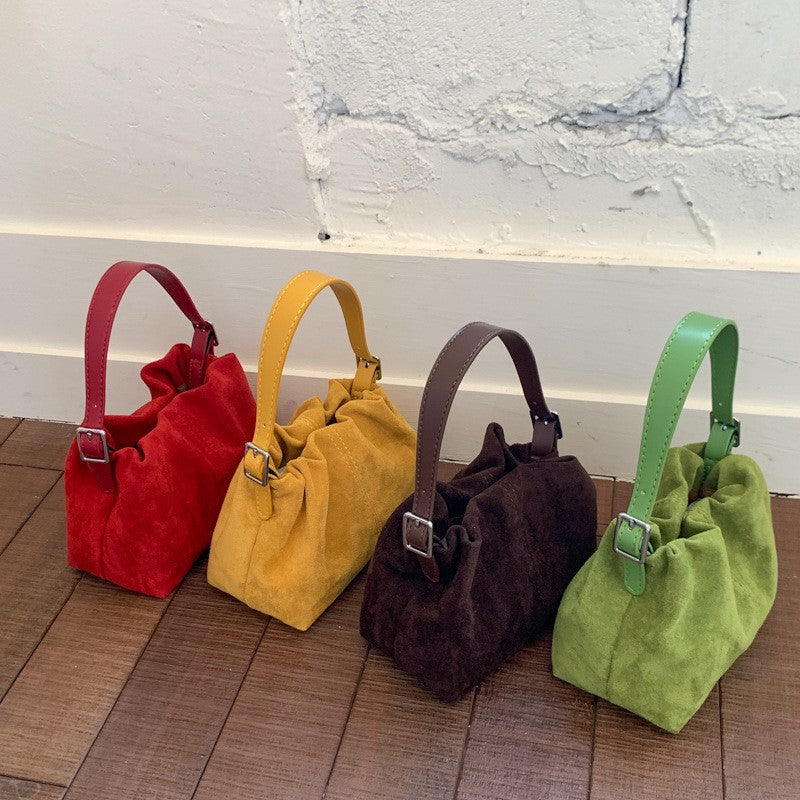 Ruched Faux Suede Mini Top Handle Bag