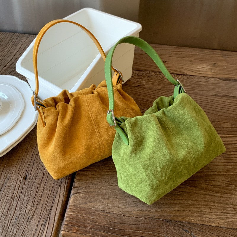 Ruched Faux Suede Mini Top Handle Bag