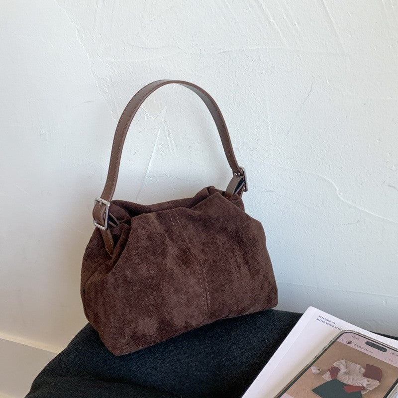 Ruched Faux Suede Mini Top Handle Bag