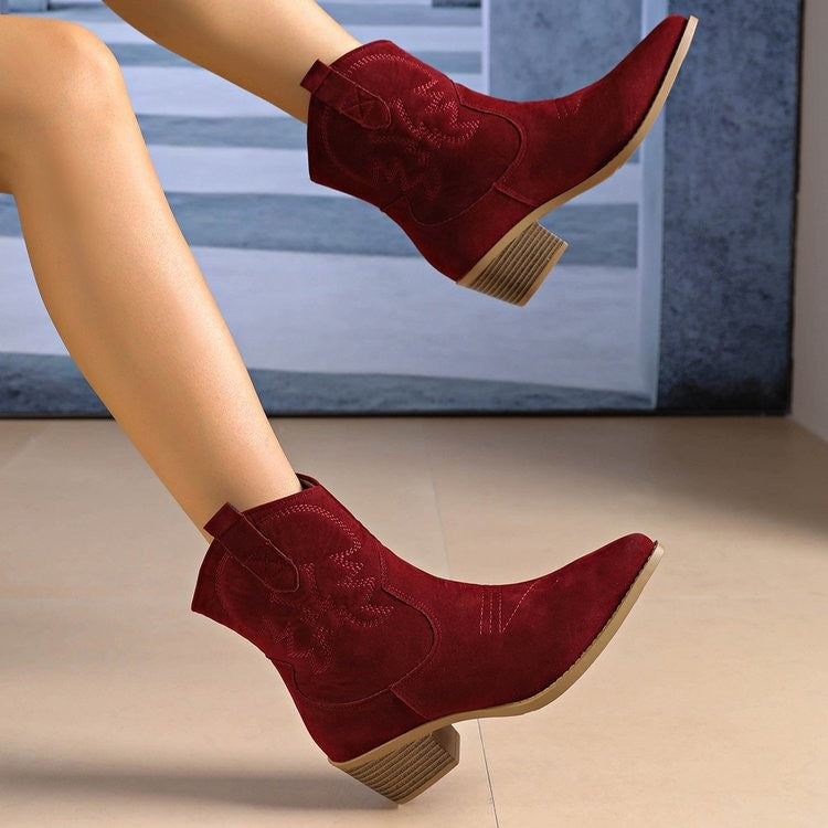 Embroidered Pointed Toe Western Ankle Boots - Burgundy