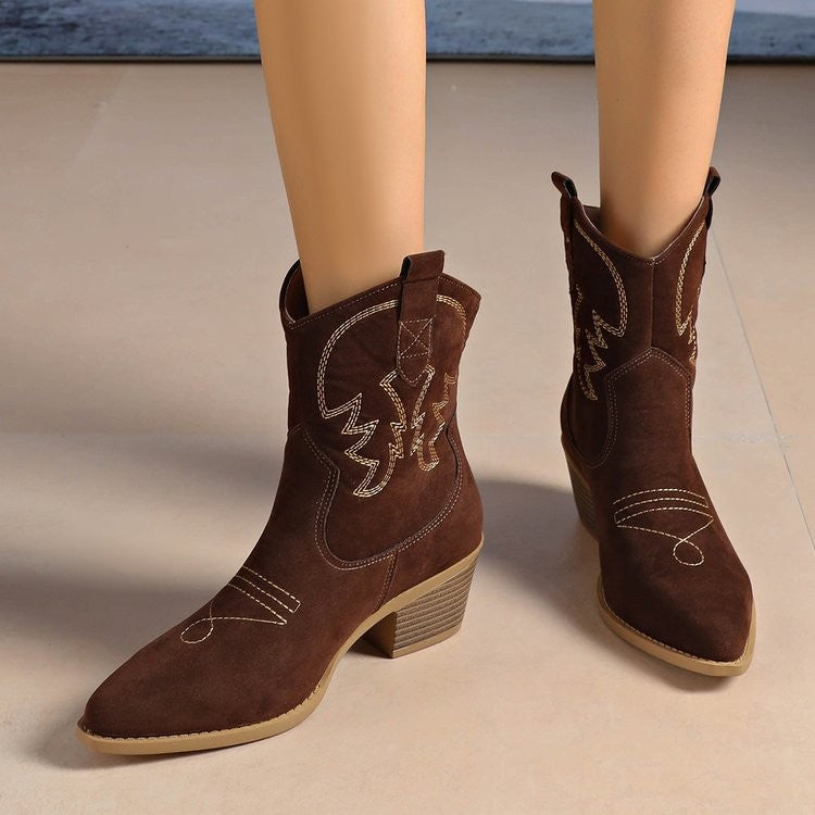Embroidered Pointed Toe Western Ankle Boots - Chocolate