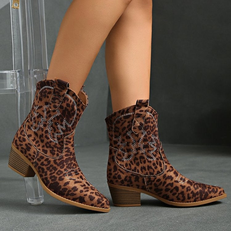 Embroidered Pointed Toe Western Ankle Boots - Leopard