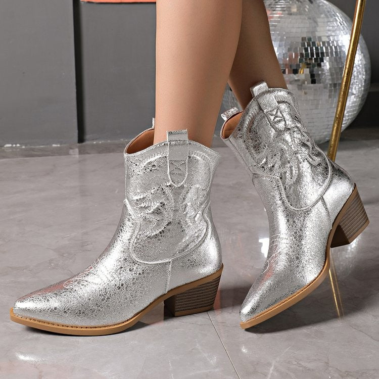 Embroidered Pointed Toe Western Ankle Boots - Silver