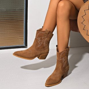 Embroidered Pointed Toe Western Ankle Boots - Tan