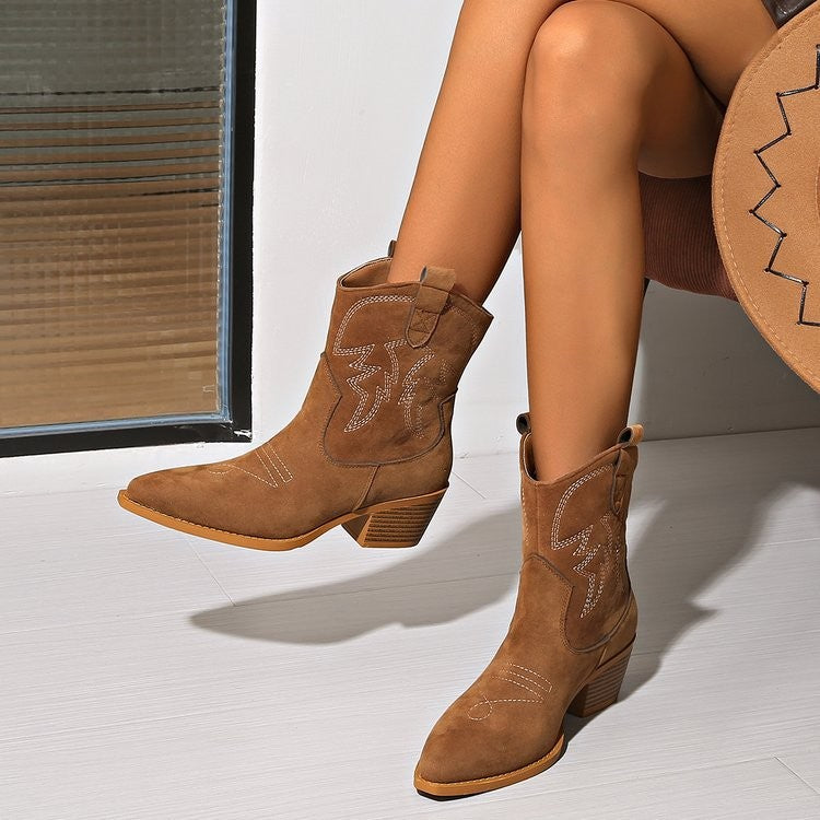 Embroidered Pointed Toe Western Ankle Boots