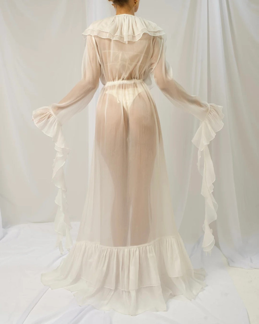 Sheer Beach Cover Up With Ruffle Sleeves - White - 1