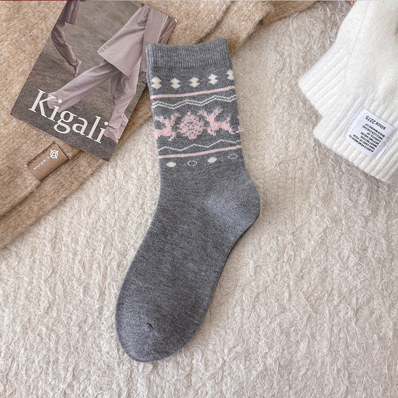 Fair Isle Knit Thermal Winter Socks - Light-Gray