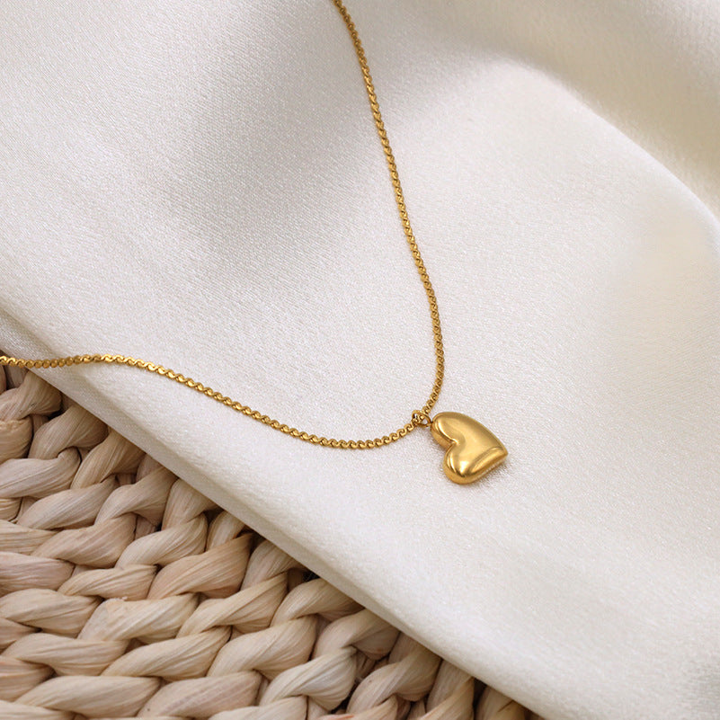 Puffed Heart Pendant Box Chain Necklace - Gold - 1