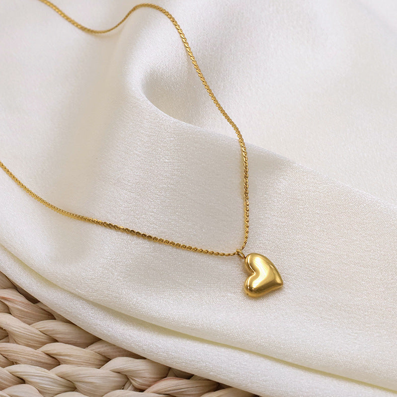 Puffed Heart Pendant Box Chain Necklace - Gold - 2