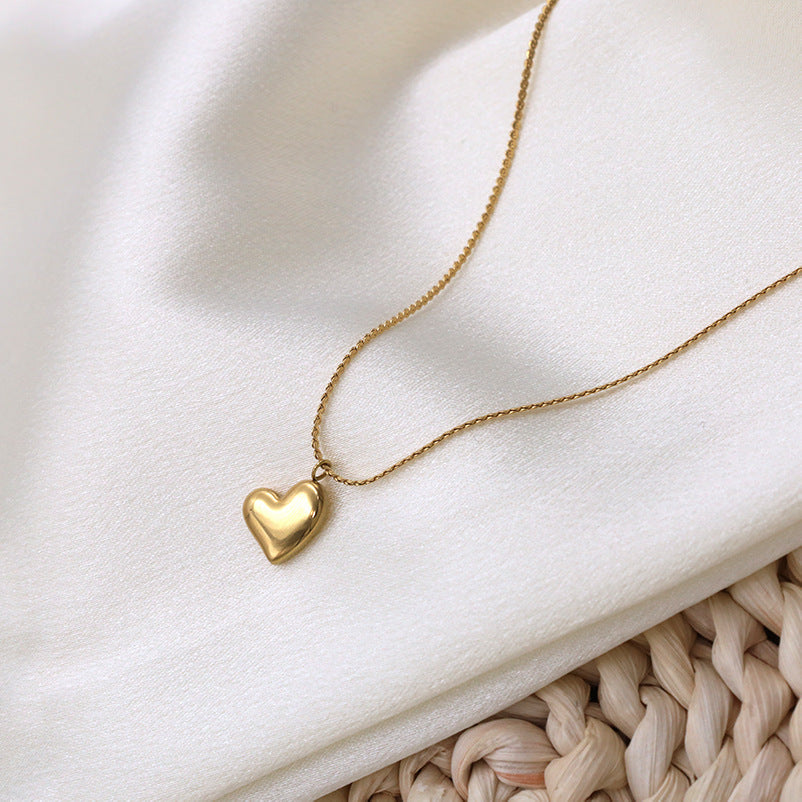 Puffed Heart Pendant Box Chain Necklace - Gold - 3