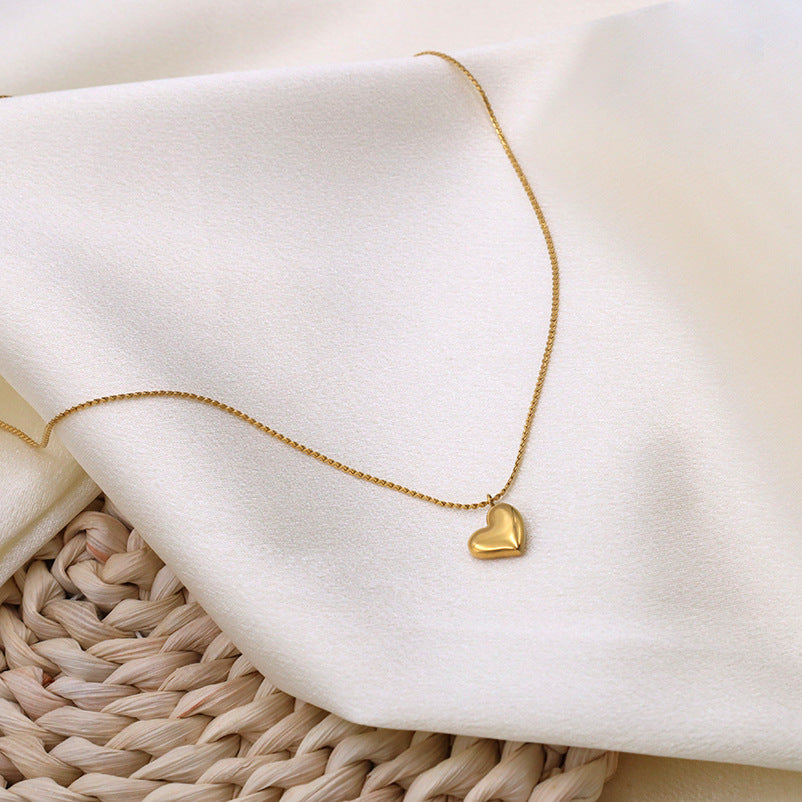 Puffed Heart Pendant Box Chain Necklace - Gold - 4